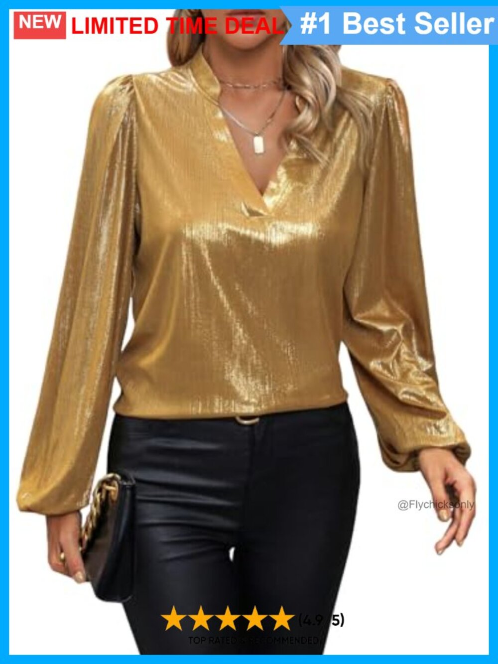 Women Lantern Long Sleeve Notched Neck Metallic Party Blouse Top